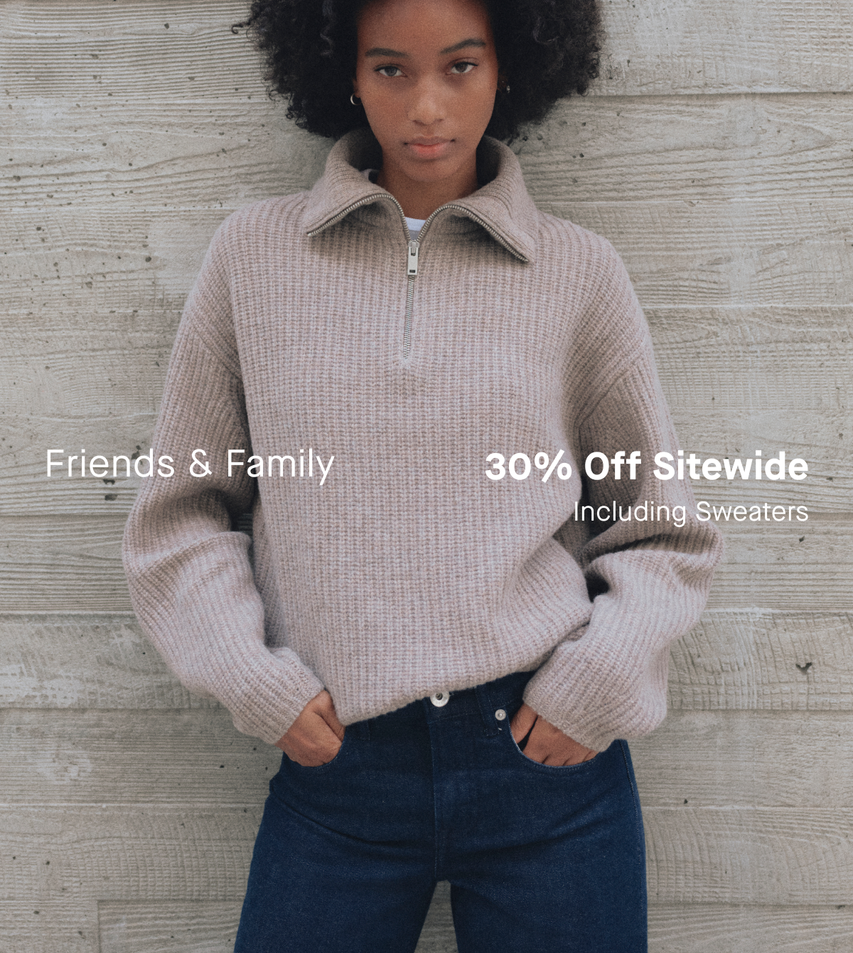 Image | Promo | Friends & Family | 30% Off Sitewide & Storewide | Including Sweaters | Model in The Half-Zip Sweater in Luxe Merino | Heather Soft Taupe