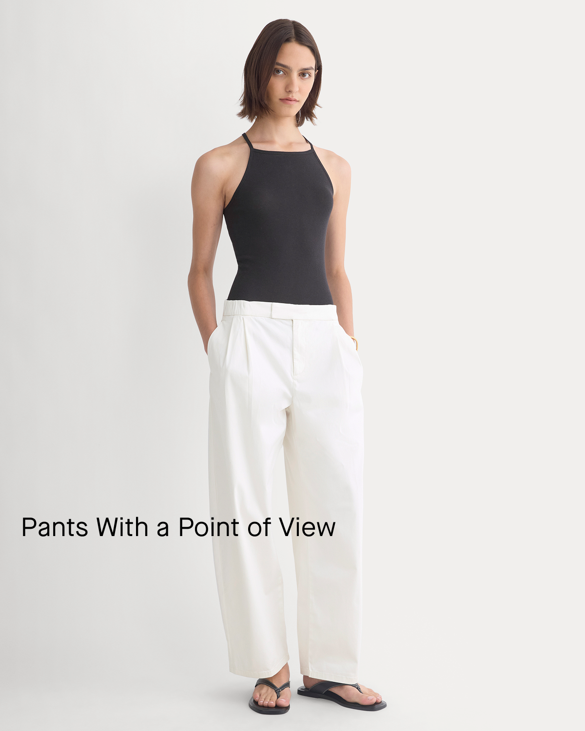 Image | Pants With a Point of View | Model in Barrel-Leg Pant in Organic Cotton Sateen | Bone
