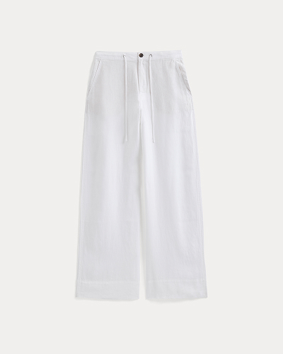 Image | Wide-Leg Drawstring Pant in Linen | White 