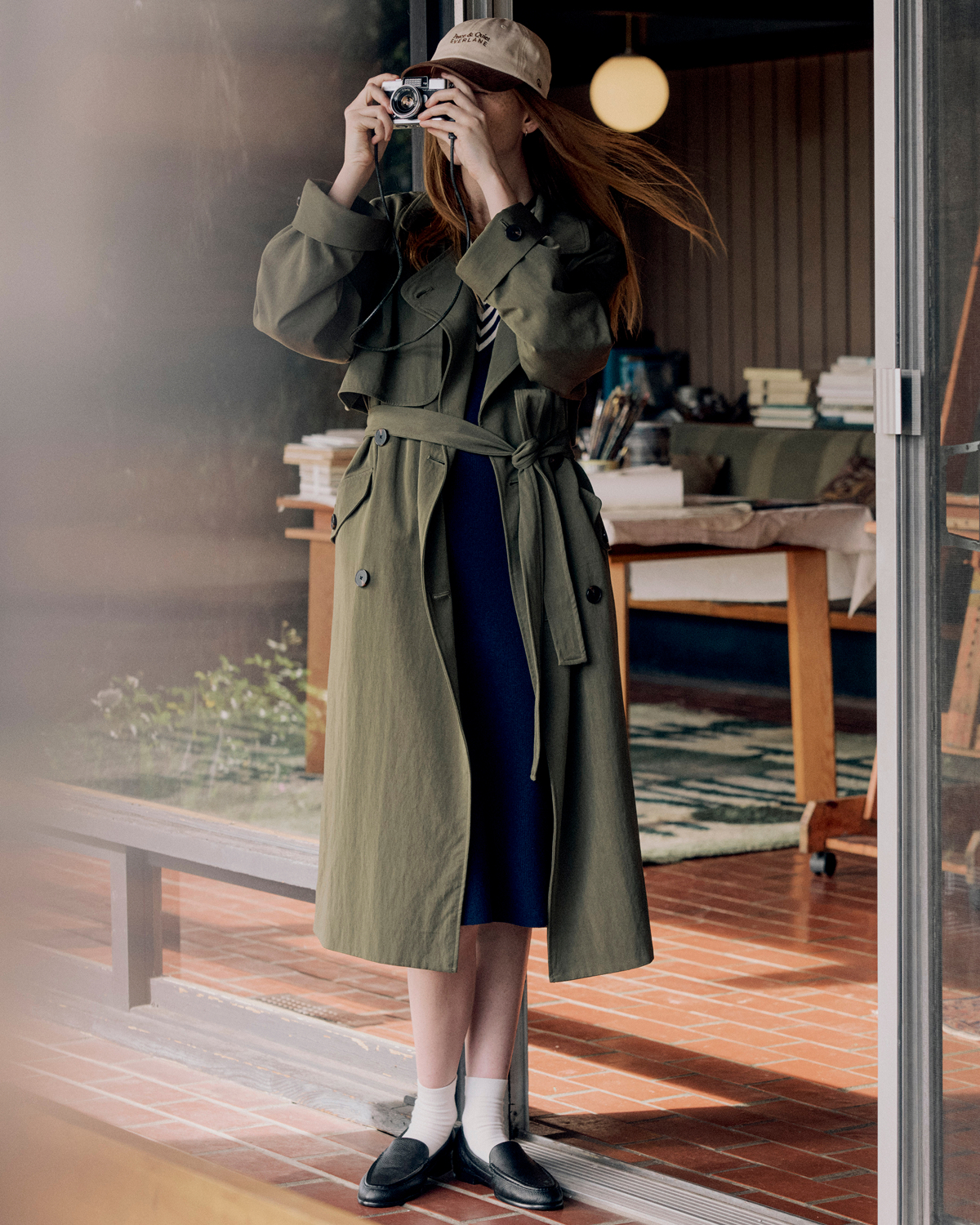 Image | Model in Drapey Twill Trench | Olive Night