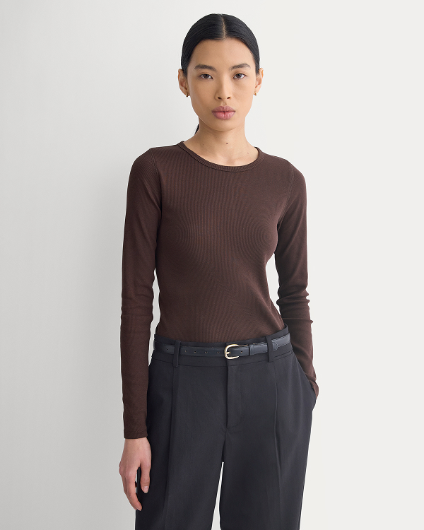 Image | Model in The Luxe Rib Long-Sleeve Crew | Coffee Bean