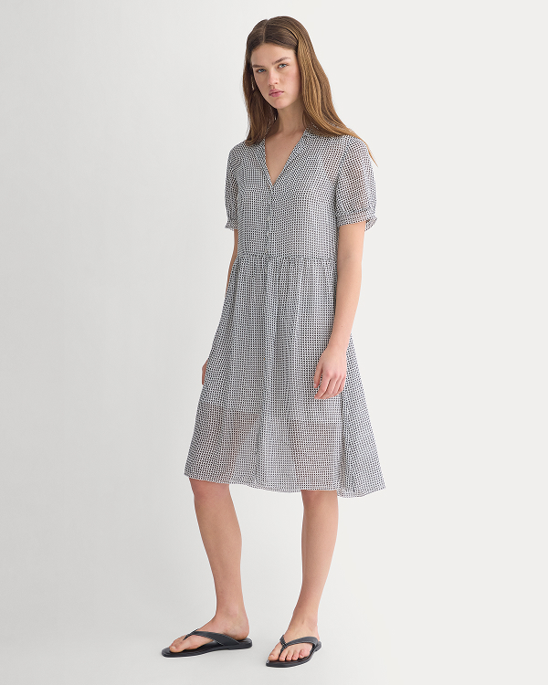 Image | Notch Collar Shirtdress in Silk Georgette | Gardenia/Black Micro Dot