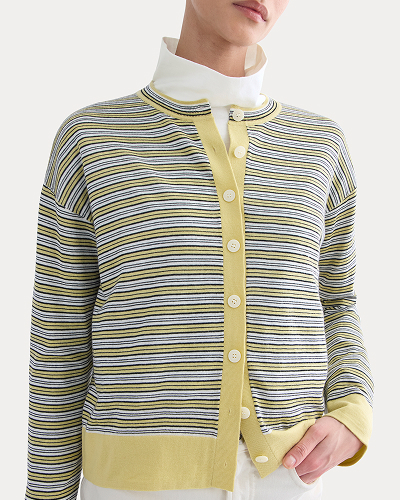 Image | Crew Cardigan in Ultrasoft Merino | Double Cream Multi Stripe
