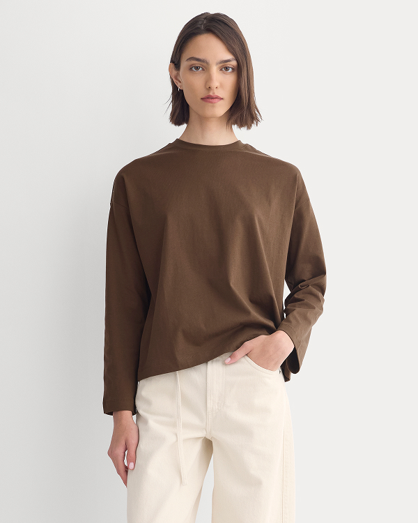 Image | Model in Forever Jersey Boxy Long-Sleeve Crew | Cocoa