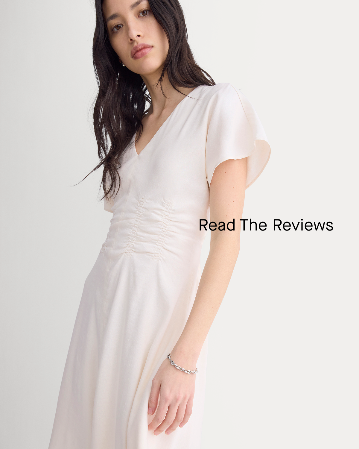 Image | Read The Reviews | Model in Cinched Dress in Stretch Linen | Bone
