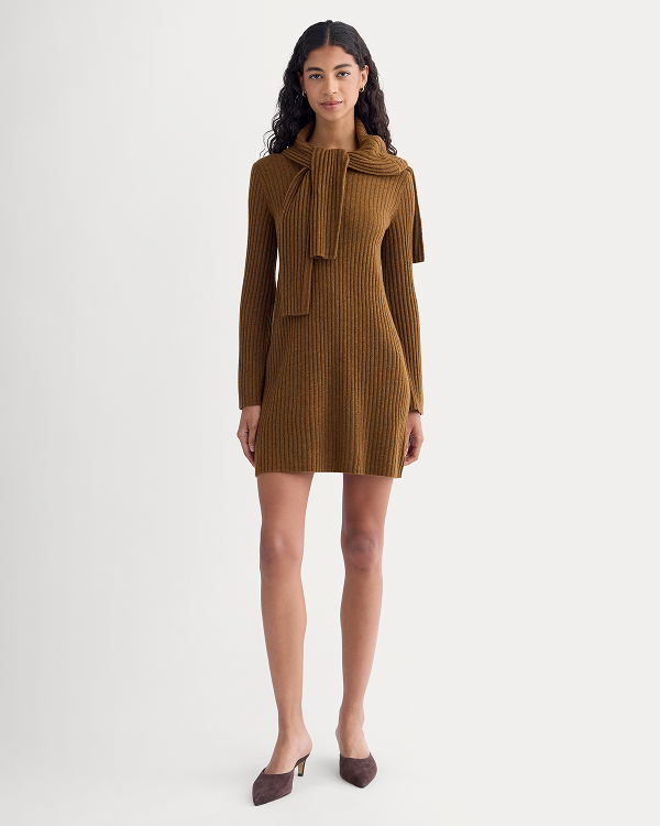 Image | Cashmere Long-Sleeve Mini Dress | Heathered Toffee