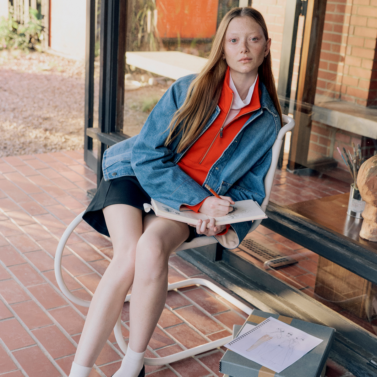 Image | Model in Cropped Denim Jacket | Medium Indigo