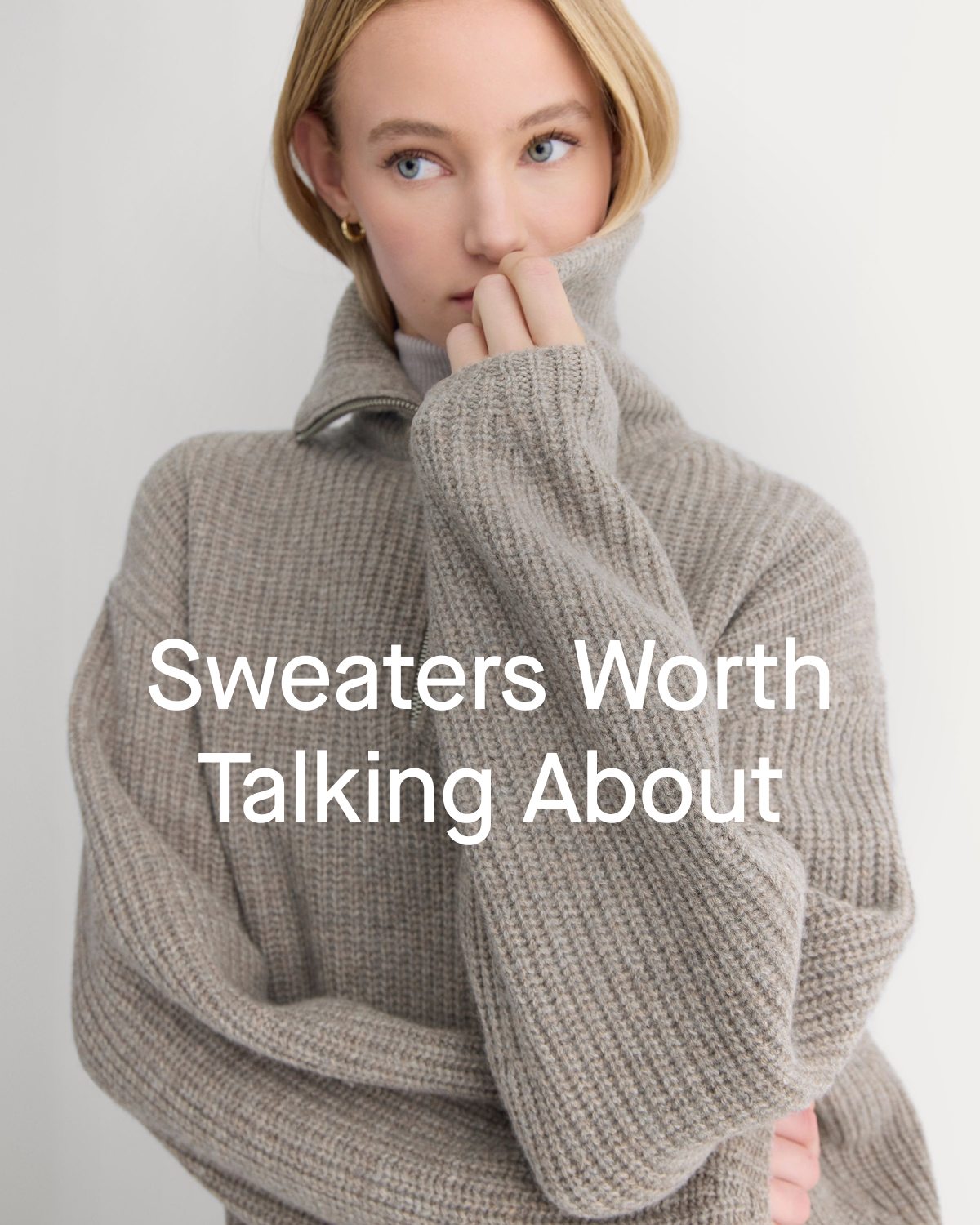 Image | Sweaters Worth Talking About | Model in The Half-Zip Sweater in Luxe Merino | Heather Soft Taupe 