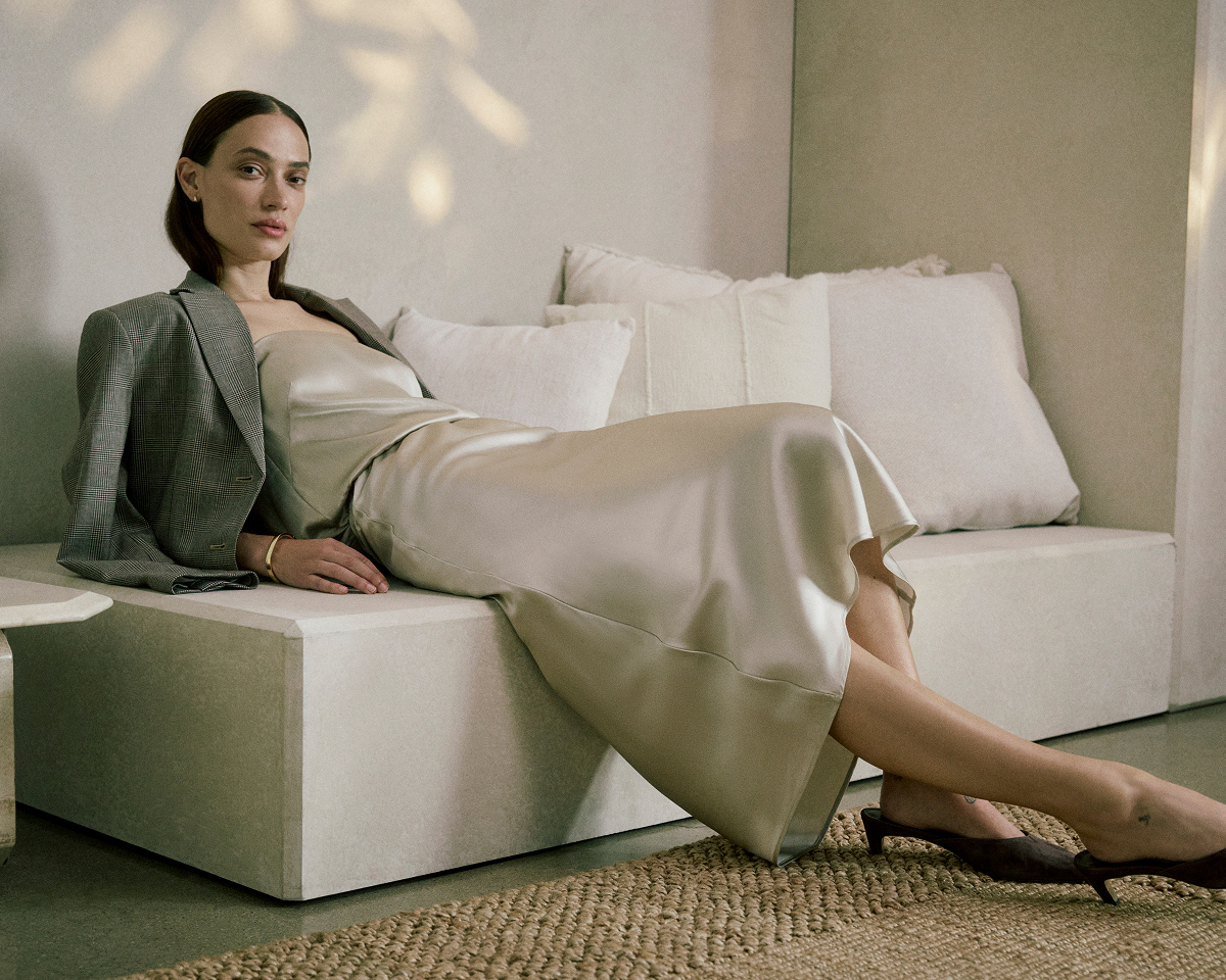 Image | Model in Thin Strap Cami in Silk Charmeuse | Peyote