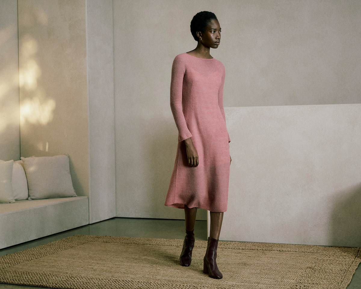 Image | Model in The Air Alpaca™ Sweater Dress |  Rose Dust