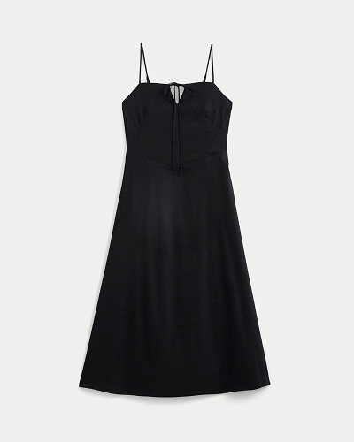 Image | Tie-Neck Dress in Stretch Linen | Black