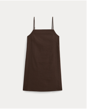 Image |Mini Shift Dress in Stretch Linen | Dark Brown