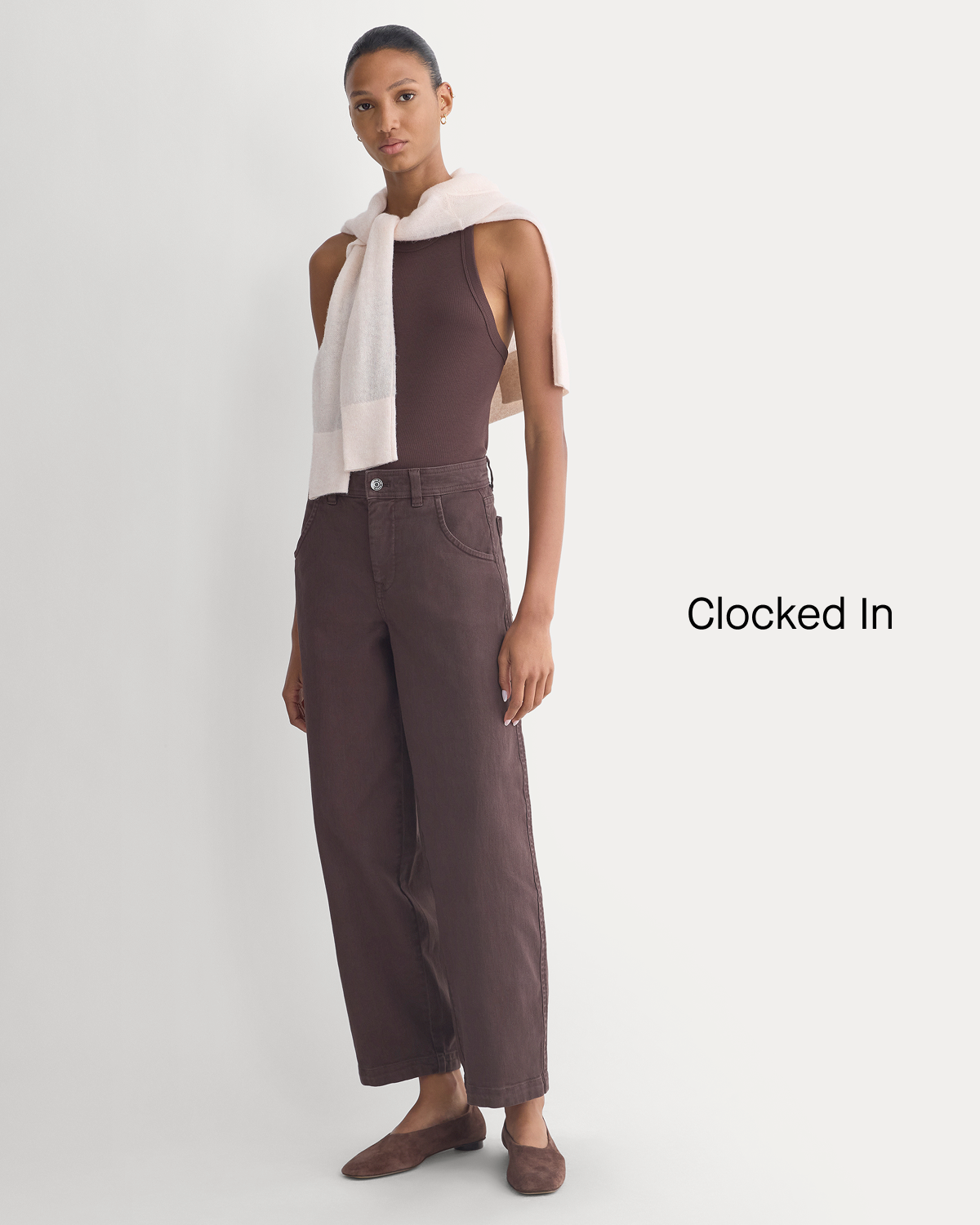 Image | Clocked In | Model in Utility Twill Barrel Pant | Coffee Bean