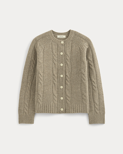 Image | Cable Cardigan in Extrafine Luxe Merino | Heather Soft Taupe