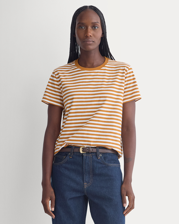 Image | Model wearing The Box-Cut Tee in Essential Cotton | Bone Brown