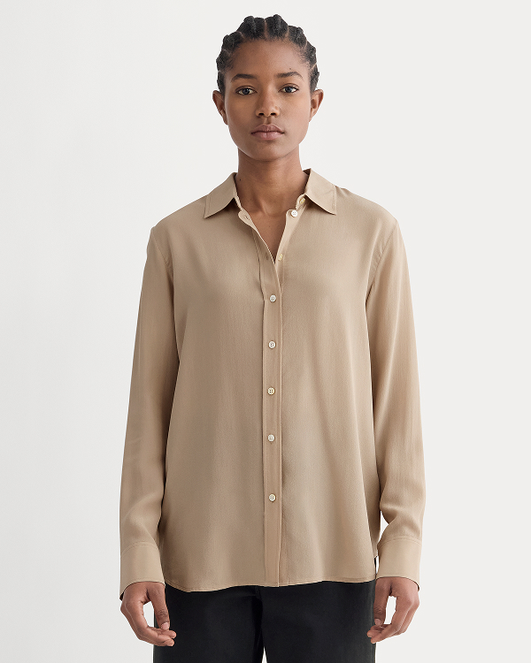 Image | Model in The Must-Have Shirt in Washable Silk | Burnt Sugar