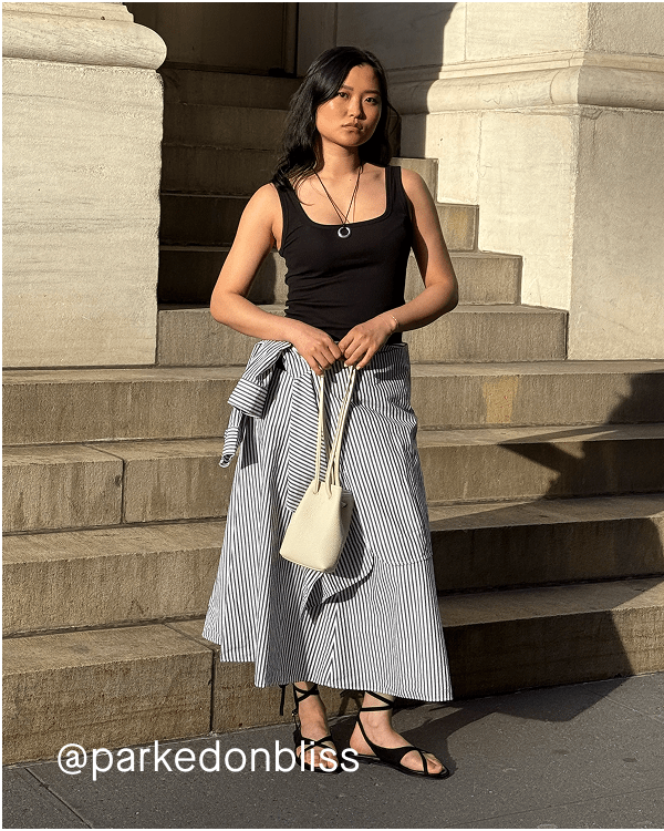 [Image]@parkedonbliss  wearing The Midi Skirt in Ultrasoft Cotton | Optic White / Black