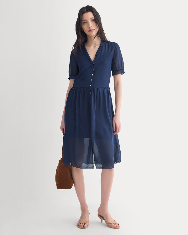 Image | Notch Collar Shirtdress in Silk Georgette | Navy