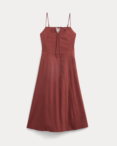 Image | Tie-Neck Dress in Stretch Linen | Henna Red