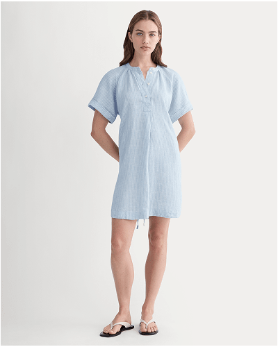 Image | The Popover Dress in Linen | Sky Blue / White