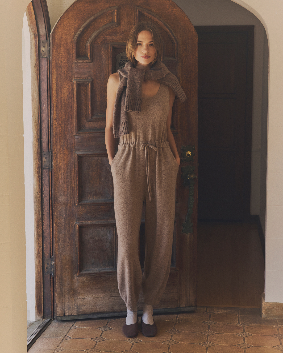 Image | Model in  Cashmere Lounge Jumpsuit | Oatmeal