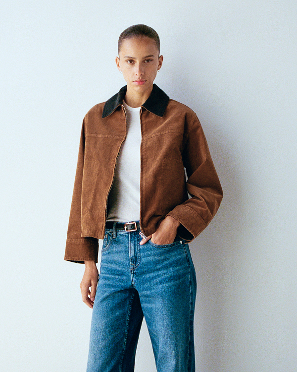 Image | Model in Stretch Corduroy Zip Jacket | Toffee 