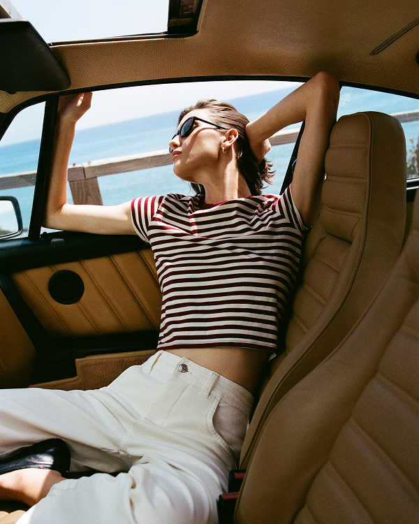 Editorial Image | Model in The Box-Cut Tee in Essential Cotton | Cabernet / Birch