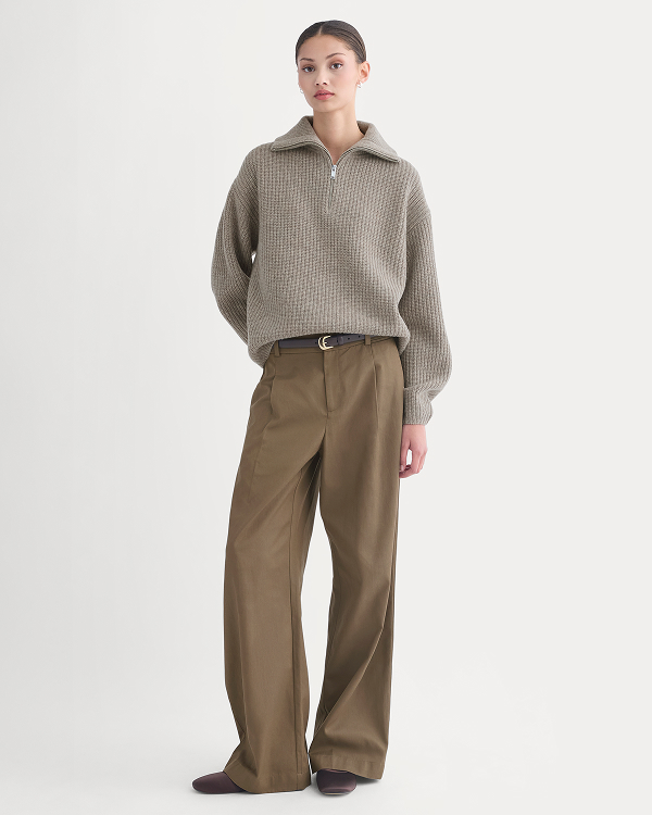 Image | Model in The Half-Zip Sweater in Luxe Merino | Heather Soft Taupe 