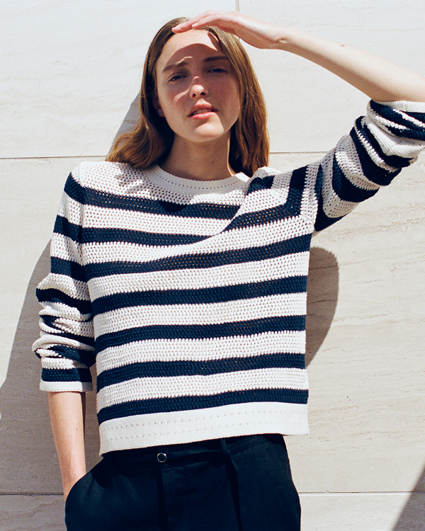 Image | Model in Open Knit Long-Sleeve Crew in Everyday Cotton | Canvas / Navy