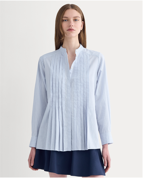 Image | The Pleated Shirt in Silky Cotton | Forever Blue / Optic White
