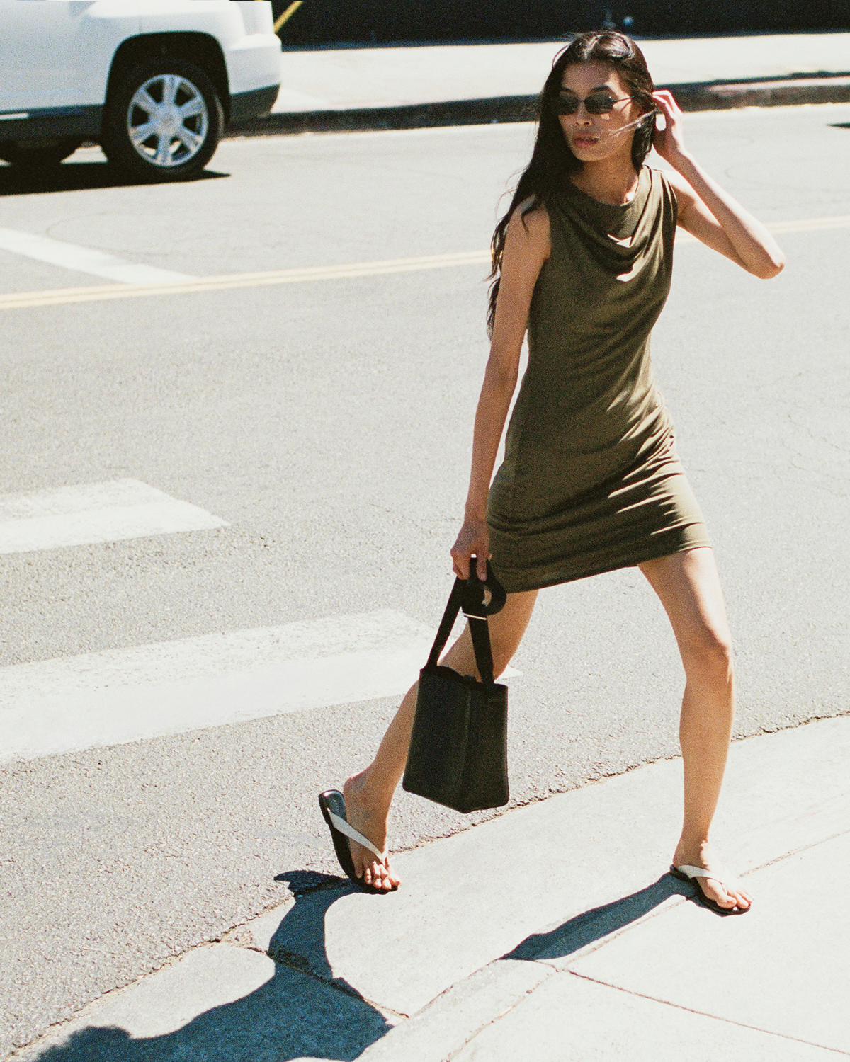  Editorial Image | Model in Cowl Neck Mini Dress | Beech