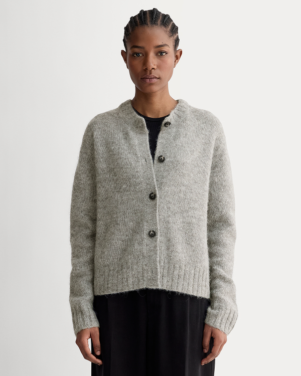 Image | Model in The Crew Cardigan in Alpaca | Heather Stone Grey