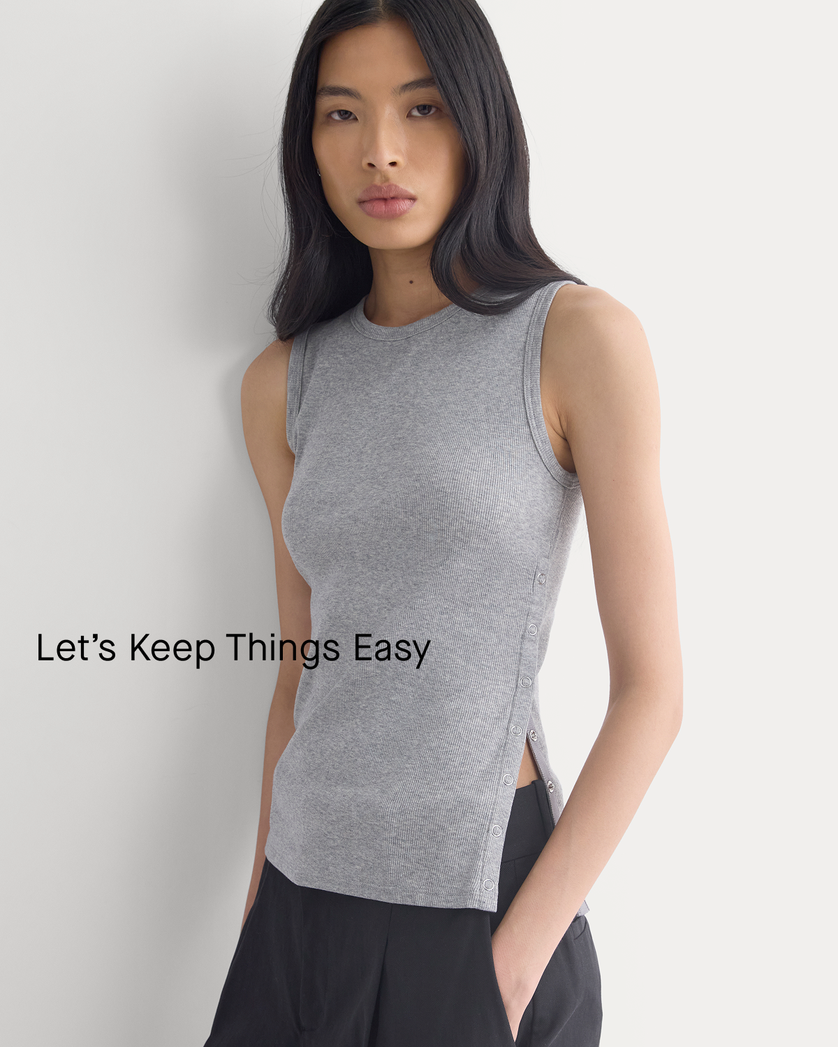 Image | Let's Keep Things Easy | Model | Luxe Rib Side Snap Tank | Heathered Light Grey