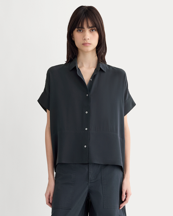Image | Model in The Boxy Shirt in Washable Silk | Black 