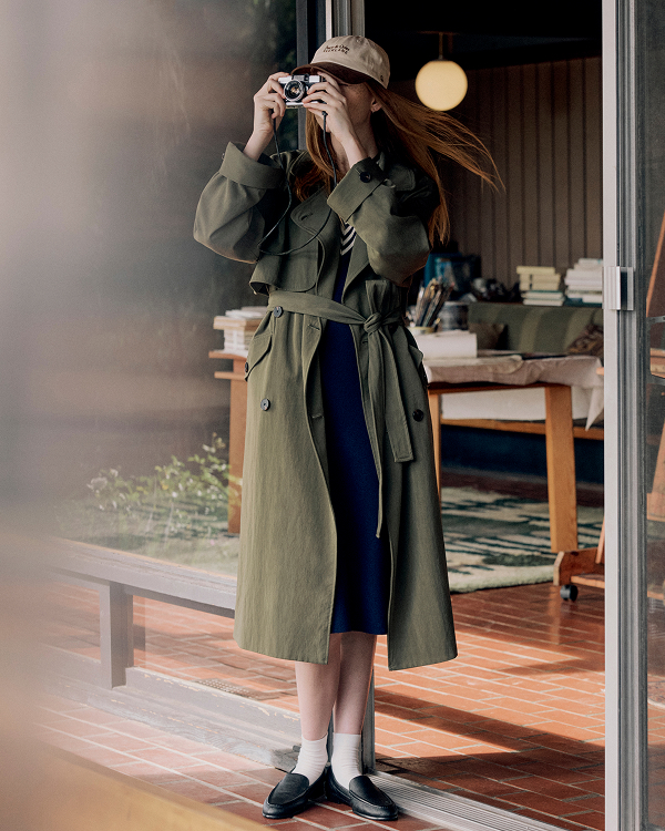 Image | Model in Drapey Twill Trench | Olive Night