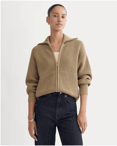 Image | The Full-Zip Sweater in Everyday Cotton | Dark Heathered Camel