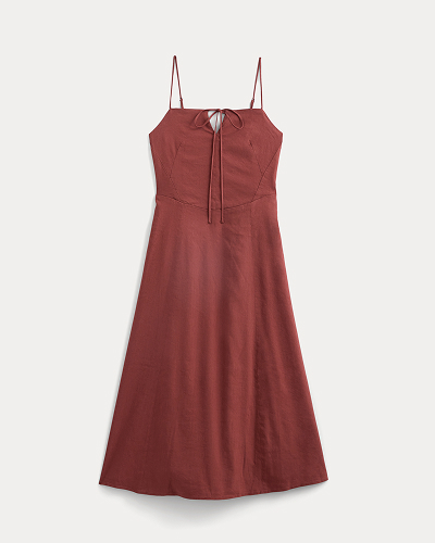 Image | Tie-Neck Dress in Stretch Linen | Henna Red