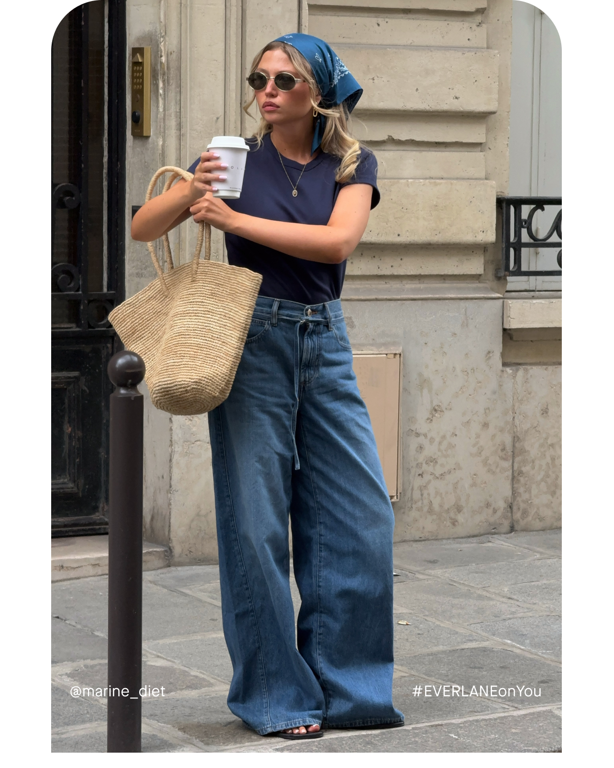 Image | @marine_diet | #EVERLANEonYou | RetroSoft Cotton Crew in Navy | Lightweight Loose Wide-Leg Jean in Medium Indigo