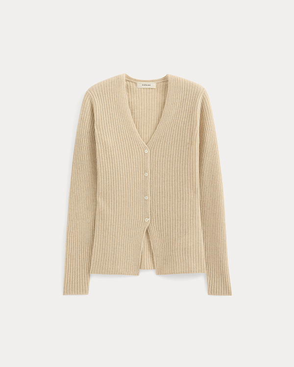 Image | Cashmere Ribbed V-Neck Cardigan | Heather Light Camel