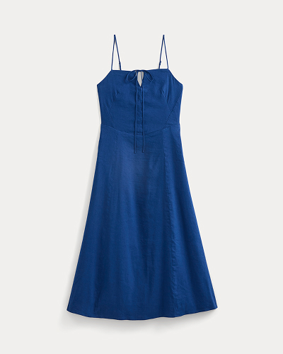 Image | Tie-Neck Dress in Stretch Linen | Estate Blue