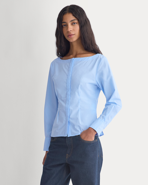 Image | Model in Boatneck Fitted Shirt in Lightweight Cotton | Open Air