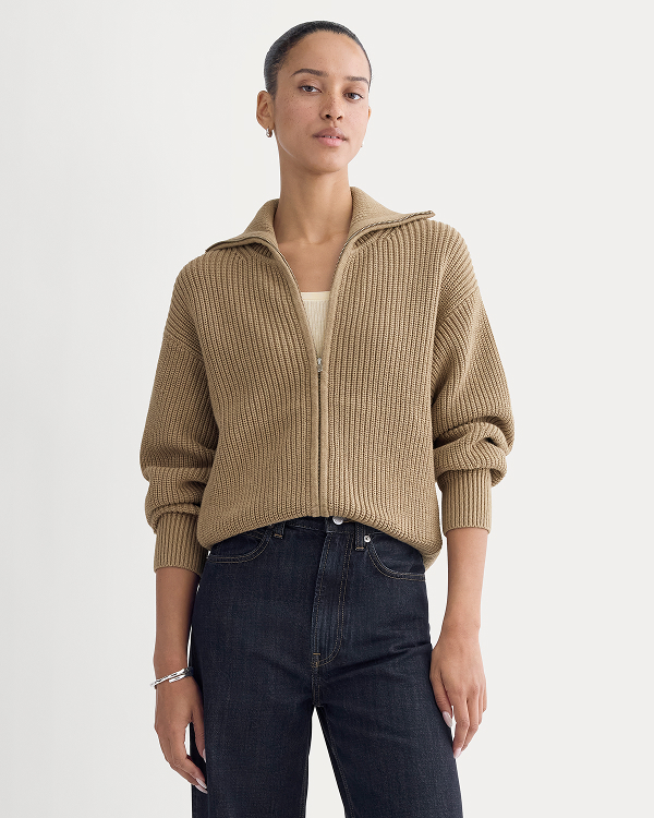 Image | Model in The Full-Zip Sweater in Everyday Cotton | Dark Heathered Camel