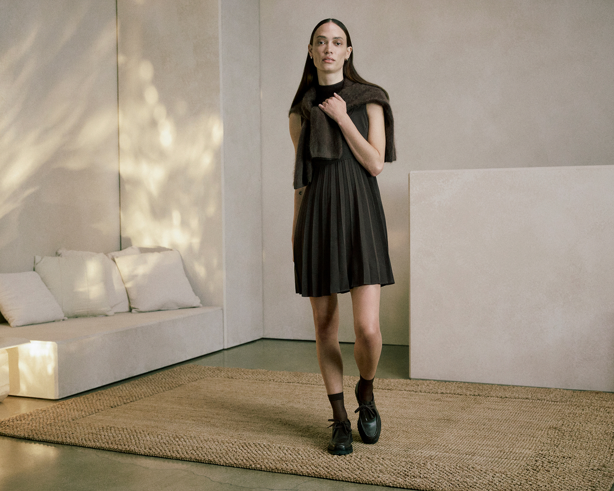 Image | Model in Drapey Crepe Mini Dress | Dark Chocolate