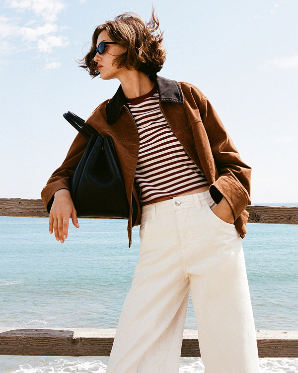 Editorial Image | Model in Utility Twill Barrel Pant | Bone