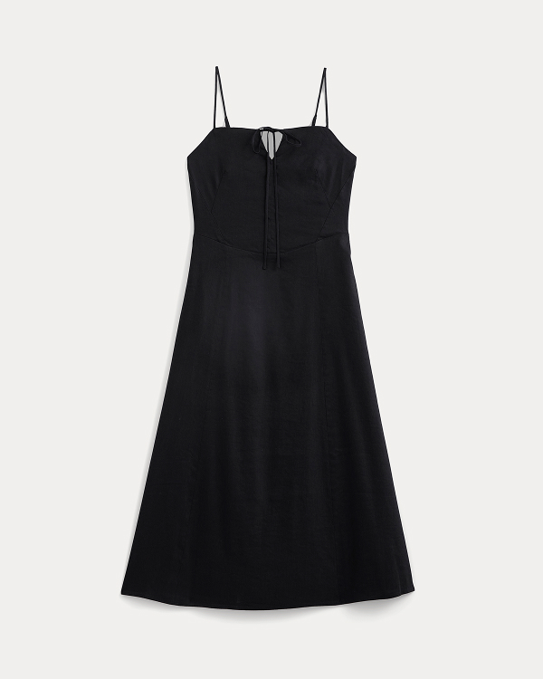 Image | Tie-Neck Dress in Stretch Linen | Black