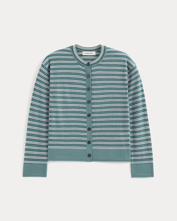 Image | Crew Cardigan in Ultrasoft Merino | Reflecting Pond Multi Stripe
