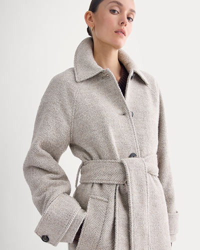 Image | Italian Belted Overcoat | Taupe Herringbone