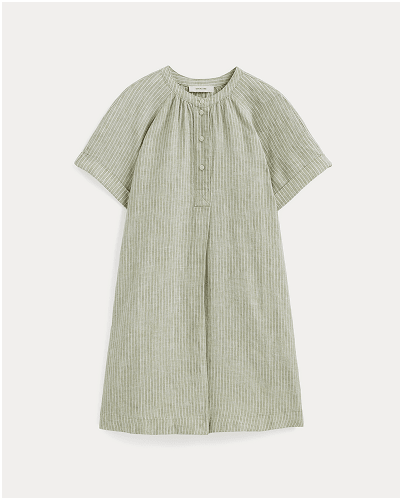[Image]The Popover Dress in Linen | Oil Green / White