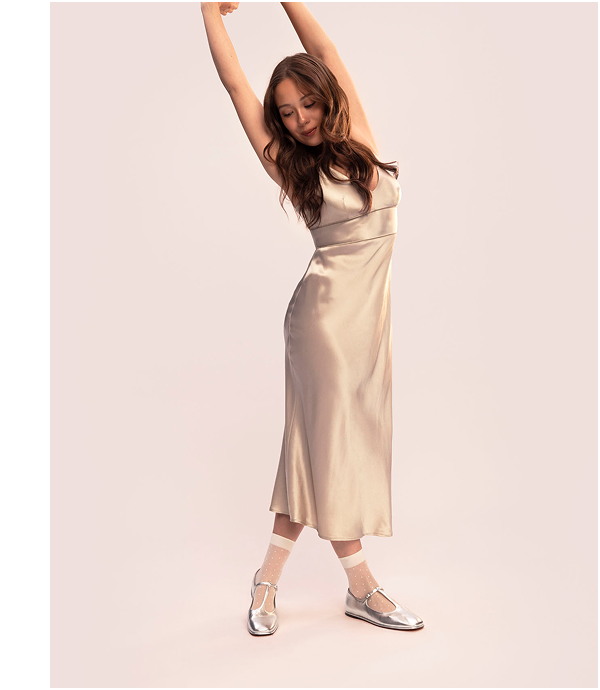 Image | Laufey in the Bias Cut Slip Dress in Silk Charmeuse | Peyote