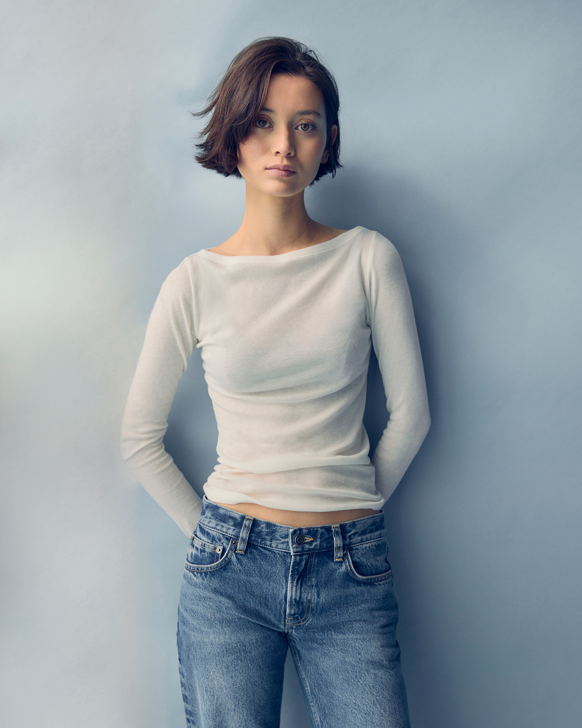 Image | Model in Tissue Long-Sleeve Crew | Skywriting